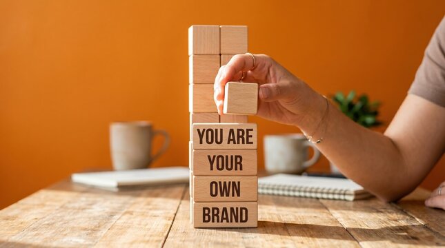 Hand building stack of wooden blocks spelling 'you are your own brand' on office desk with identity personal building