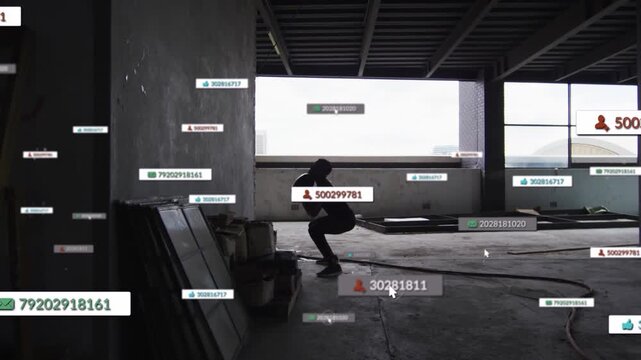 Male athlete catching ball in worksite, causing floating UI labels showing sports analytics
