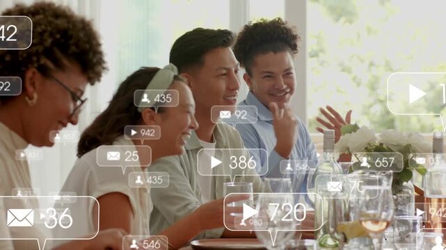 4 diners clapping, offscreen host cueing floating social icons over group updating follower counts