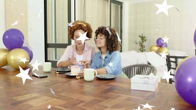 Two women, left picking knife, cutting cake; right opening gift, star overlay showing party for ads