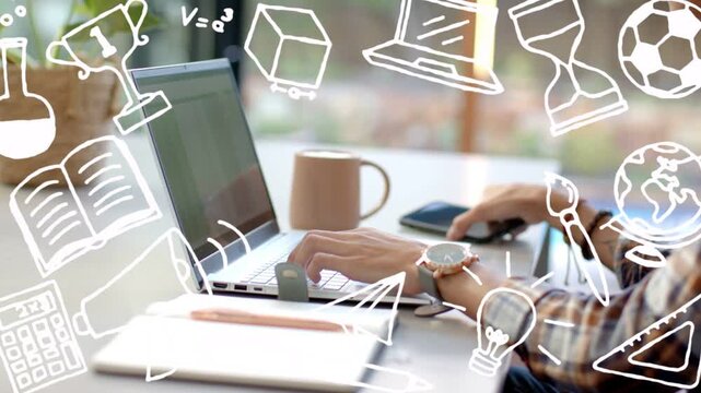Man pausing typing at laptop, doodle graphics filling screen, picking smartphone, tapping for tech