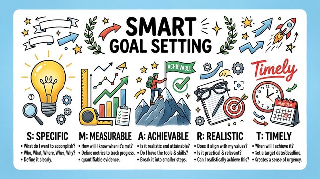 Illustrated SMART Goal Setting Framework with Lightbulb, Charts, and Clock for Business Planning and Education