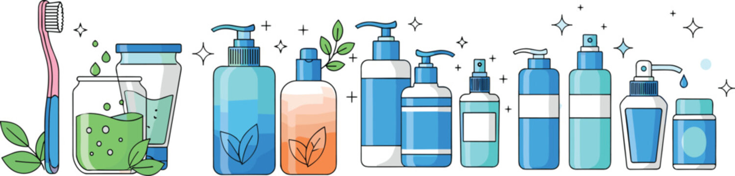 Personal hygiene products vector illustration set with toothbrush toothpaste and cosmetic bottles collection
