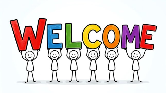 Colorful cartoon stick figures holding rainbow welcome sign, cheerful greeting illustration for marketing and education