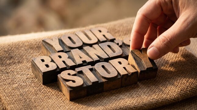 Hand placing wooden letter blocks to spell 'your brand story' with marketing business identity narrative strategy