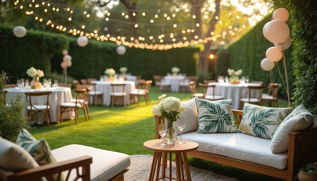 Outdoor garden party setting with tables chairs and lounge furniture. String lights overhead create a festive atmosphere for a celebration or reception.