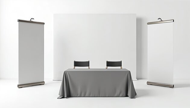 Blank exhibition setup with pull up banners a table runner and two chairs. This display provides space for branding or product promotion at events. Indoor venue presentation for marketing.