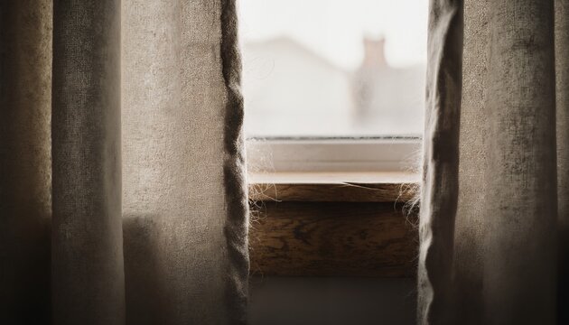 Curtains and Window View through open revealing with blurred house the background wooden fraying