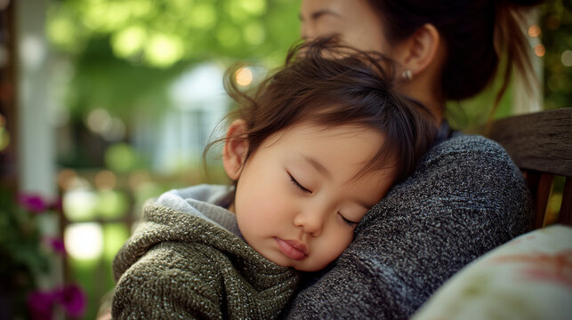 Adopted Asian toddler sleeping in the arms of a white mother on a porch swing, dappled May sunlight, warm film grain texture