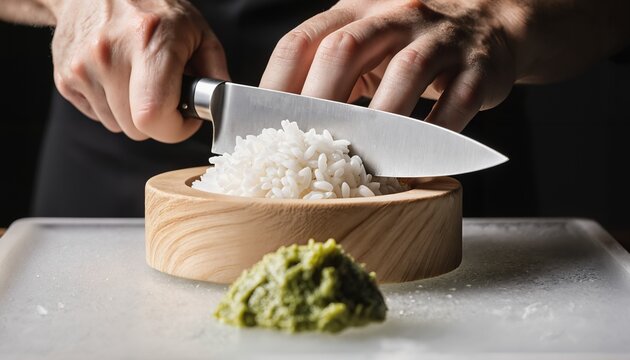 Cutting rice with a knife person is white sharp wooden bowl green paste wasabi condiment kitchen