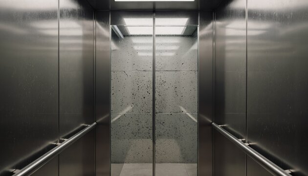 Modern elevator interior with metallic walls and speckled floor sleek featuring clean contemporary