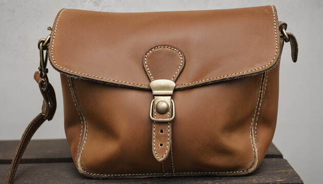 Vintage Leather Camera Bag with Brass Hardware close-up of displayed on dark surface against