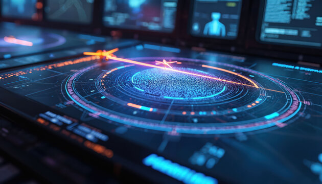 Futuristic control panel shows drone flight path on digital radar display. Blue and orange graphics on dark background illustrate navigation and targeting systems for aerial mission planning.
