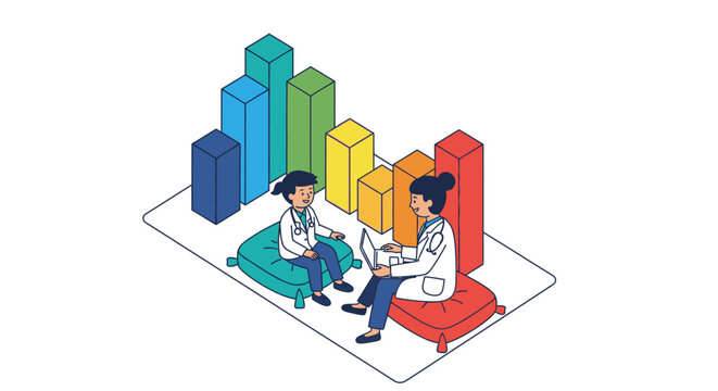 Doctor and patient discuss medical chart with colorful bar graph background, isometric illustration