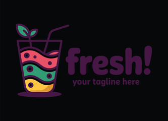 Obraz premium Colorful fresh fruit juice smoothie logo vector, glass drink with tropical ingredients for healthy beverage branding, cafe menu, and organic lifestyle design