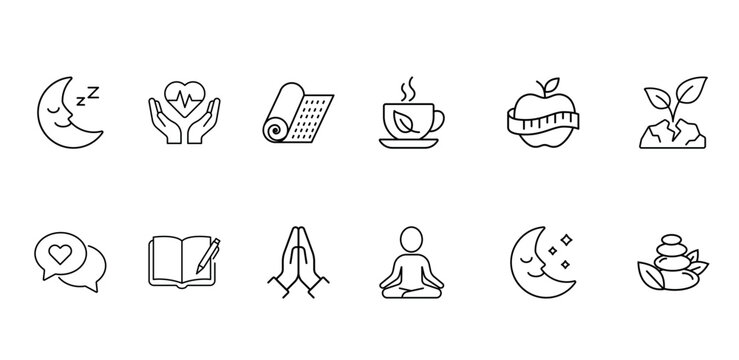 A minimalist set of flat vector icons focused on mental health, emotional well-being, and self-care. Includes symbols for therapy, mindfulness, stress relief, journaling, sleep hygiene, social connect