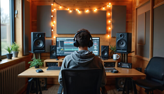 Person wears headphones at desk in wood panel room working on computer. Audio studio setup with speakers, sound panels on wall. Person focuses on screen creating music.