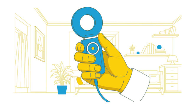 Hand holding a blue and yellow light meter device in a room, measuring light intensity for photography or home improvement
