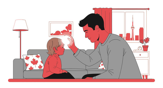 Father gently touching forehead of young child in living room, symbolizing care, connection, and family bonding.