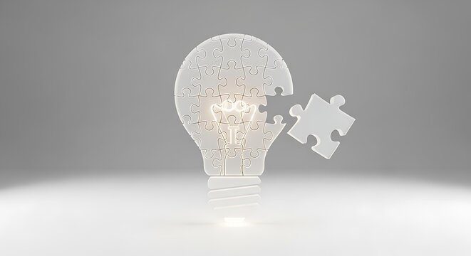 Minimalist 3D render of a glowing light bulb made of puzzle pieces with one final piece fitting into place, symbolic of creative solution, innovation, strategic thinking, and completing a business ide