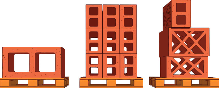 Hollow Concrete Blocks on Pallets Set for Construction Building Materials Illustration