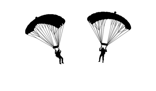 Two parachutists descending diagonal silhouette vector illustration with dynamic skydiving motion design