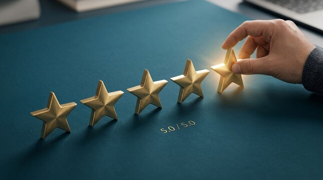 A human hand placing the final golden star to complete a perfect five star customer service rating experience