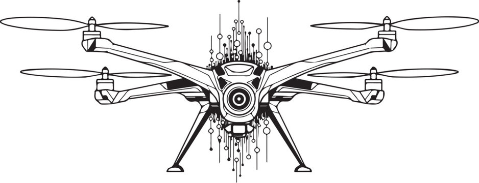 Black geometric octocopter drone silhouette with eight rotors and central camera