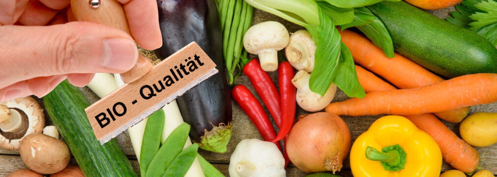 Ein Holzstempel ist beschriftet mit dem Aufdruck: Bio-Qualit&auml;t &uuml;ber frischem Obst und Gem&uuml;se - FOTOMONTAGE