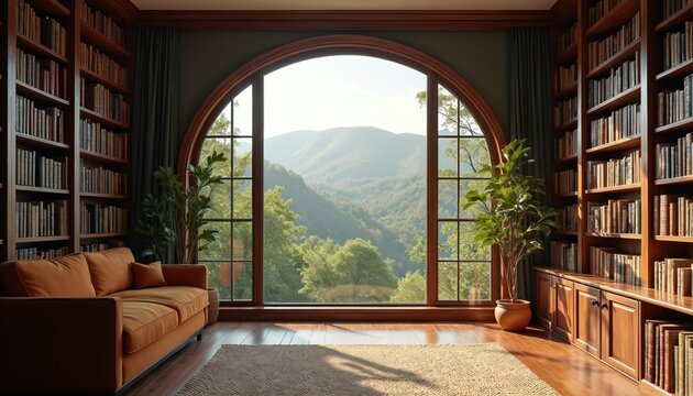 Cozy library room with wood bookshelves. Large arched window shows mountain hills green trees outside. Orange sofa sits on rug near floor to ceiling book shelves. Relaxing interior scene.