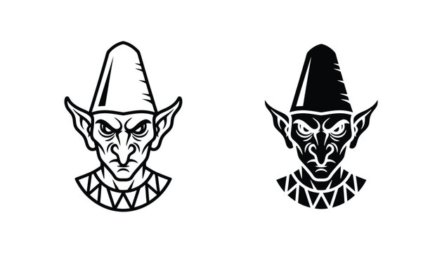 Outline and solid black vector icons of a mischievous goblin or imp creature with pointed ears and a tall hat symbolizing fantasy or trickery on a white background