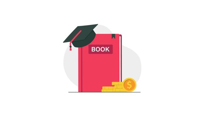 4k Book with Graduation Cap and Gold Coins. Scholarship Concept Animation Video 