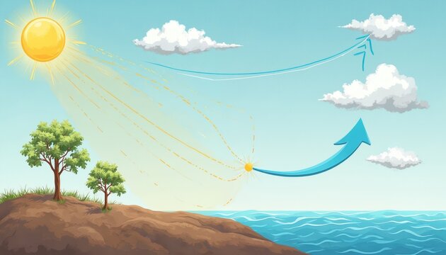 Sun heats land and sea creating air pressure differences. Warm air rises over land, cooler air moves in from sea. Wind forms, clouds develop and rise up.