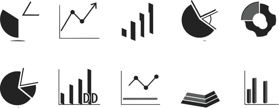 "Set of Business Data and Analytics Icons Featuring Pie Charts, Graphs, and Performance Indicators for Corporate, Financial, and Marketing Designs"