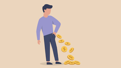 A person stands with an empty pocket, golden coins spilling out, representing the concept of financial loss. © Galleryof Vectors