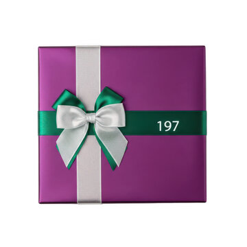 Purple gift box with a teal ribbon and shiny silver bow