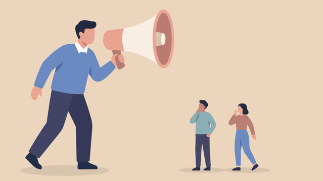  A conceptual illustration depicting a person broadcasting a message through a megaphone towards a pair of attentive listeners.