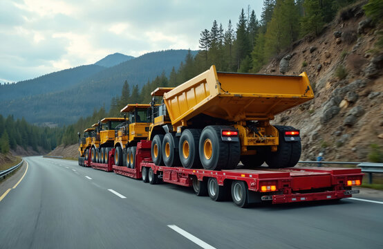Several heavy yellow dump trucks transported on flatbed trailers along mountain highway. Transport vehicles move large mining equipment on paved road. Freight haulers deliver construction machinery.