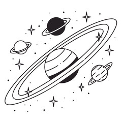 A minimalist black and white illustration depicts several planets each with unique ring systems set against a starry cosmic background high quality © MST SAHIDA  BEGUM 