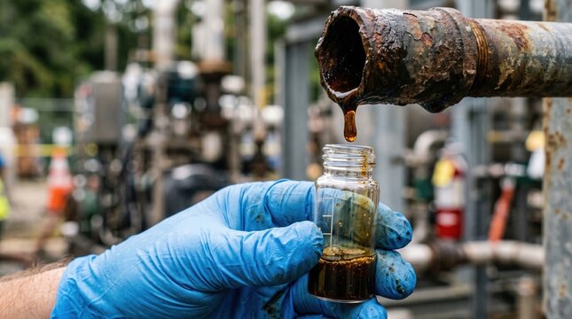 Close-up of a gloved hand collecting a sample of dark, oily liquid dripping from a rusty pipe into a small glass vial