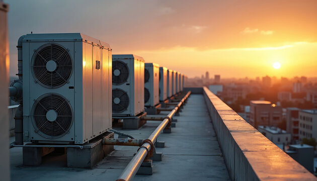 HVAC units line up on city building rooftop at sunset. Climate control tech operates, cooling urban infrastructure, keeping city comfortable. Industrial equipment functions near metropolis.