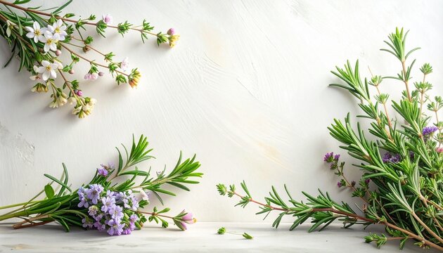 Fresh Rosemary and Thyme Sprigs on White Background