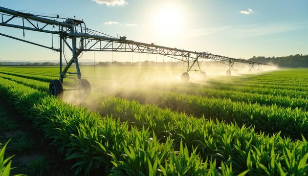 Center pivot irrigation system waters green crops on sunny day. Farm field irrigation provides water for plant growth. Agriculture technology ensures crop yield.