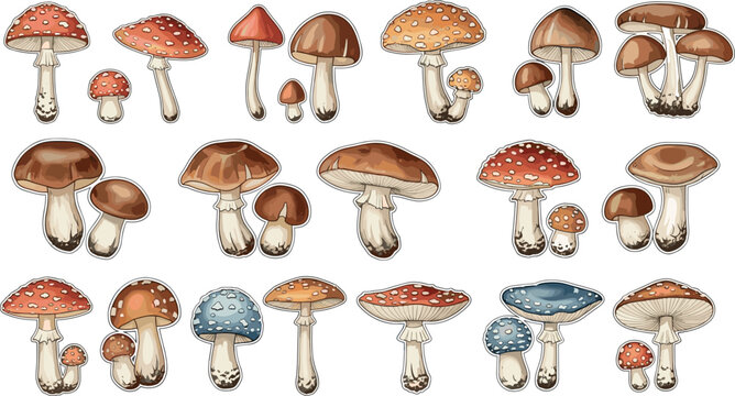 Mushroom vector set with various forest fungi species including amanita boletus and toadstools detailed hand drawn illustration collection