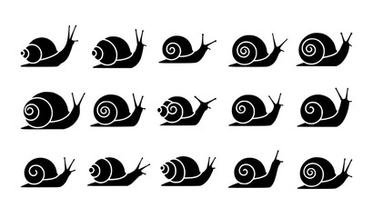 A set of black snail silhouettes in various poses on a white background © MdShakib