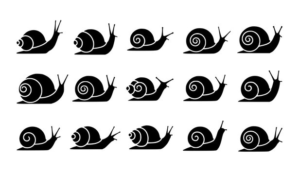 A set of black snail silhouettes in various poses on a white background