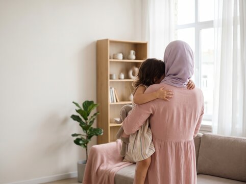 A mother wearing a hijab holding her young daughter in a cozy, sunlit living room, with the child clutching a stuffed toy and resting her head on her mothers shoulder