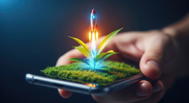 Digital growth a hand holding a phone with a blooming plant projection