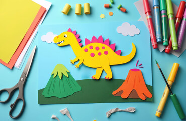 Obraz premium Child makes paper dinosaur craft with scissors and colorful felt tip pens. Creative kid activity develops fine motor skills. Fun indoor preschool art project.