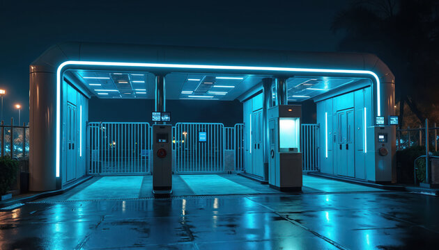 Automated futuristic security checkpoint entry. Illuminated barrier gate and guard booth at night with blue neon lights. Access control system with surveillance tech.